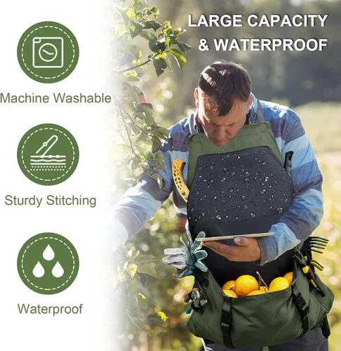 Miniatura 4 de Delantal de jardinería impermeable con espalda cruzada, delantal extra 600D resistente para cosecha y grandes bolsillos de liberación rápida Verde