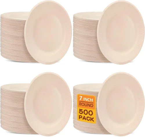 Miniatura 8 de Mimorou 500 platos de papel 100% compostables a granel, platos de papel desechables de caña de azúcar, color marrón, a granel, pequeños, postres