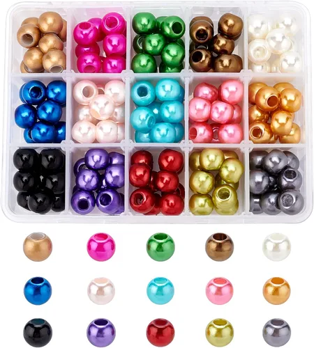 NBEADS Alrededor de 150 cuentas de perlas, 15 colores de plástico ABS, cuentas redondas de agujero grande, cuentas espaciadoras sueltas para