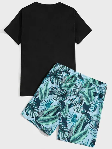 Miniatura 46 de GORGLITTER Conjunto de 2 piezas de camiseta gráfica de manga corta para hombre, estampado hawaiano con cordón y pantalones cortos