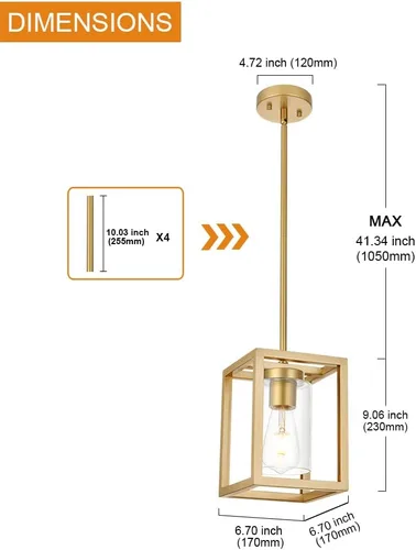 Miniatura 4 de Candelabro rústico de 1 luz con acabado dorado, moderno accesorio de iluminación colgante industrial con pantalla de vidrio transparente, lámpara