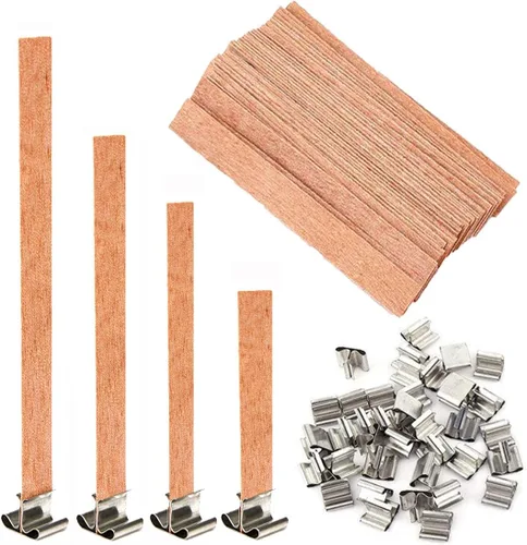 Simoda 60 mechas de madera para velas con soporte de hierro, núcleos de velas, mecha natural respetuosa con el medio ambiente para hacer velas y 60