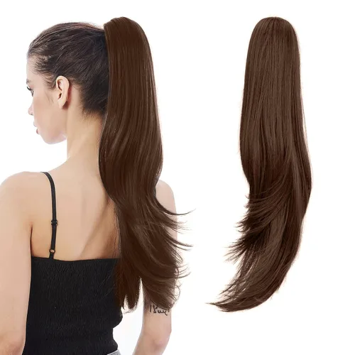 Miniatura 30 de Extensión de Cola de Caballo, Extensión de Cabello con Garra Larga de 20", Piezas de Cabello Sintético Ondulado Liso con Clip en Peluca de Cola
