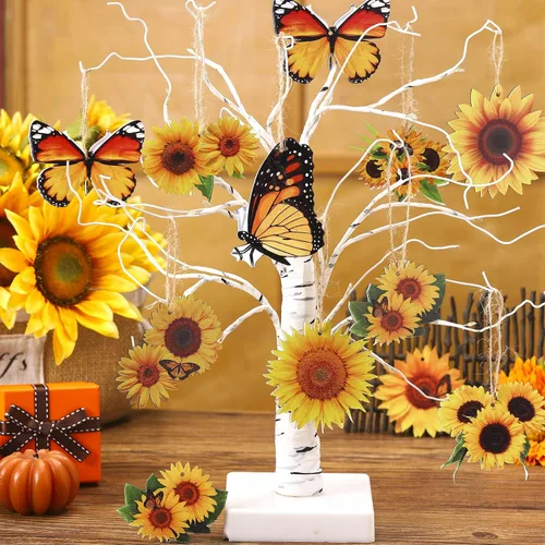 Miniatura 3 de Qunclay 36 piezas de decoración de árbol de girasol, adornos de madera de verano, flores amarillas de primavera, mariposa, adorno colgante de madera