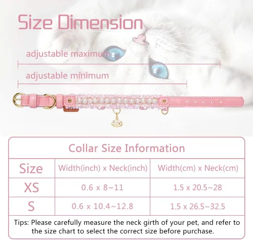 Miniatura 7 de Collar Premium de Cuero PU para Gato y Perro con Colgante de Concha - Ajustable, Perla Linda, Encaje Hermoso, Rosa Pequeña