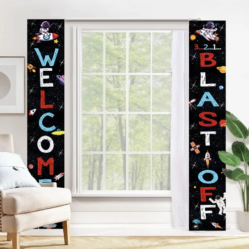 Miniatura 3 de Spaceship Welcome Blast Off Door Banner, cartel de porche y telón de fondo para fiesta de cumpleaños