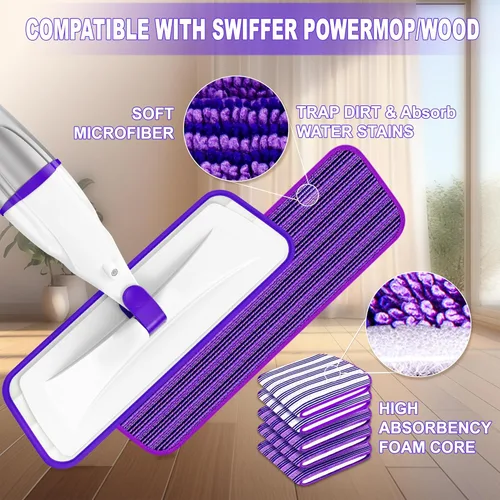 Miniatura 2 de Trapeadores en aerosol para limpieza de suelos de madera dura: mopas húmedas EXEGO con 5 almohadillas recargables de microfibra para Swiffer Morado