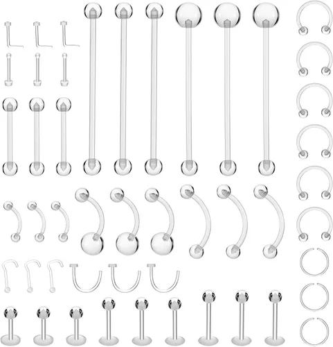 TIESOME 48 retenedores de piercing transparentes, 15 estilos de aretes transparentes para deportes de trabajo, cirugía de acrílico con parte