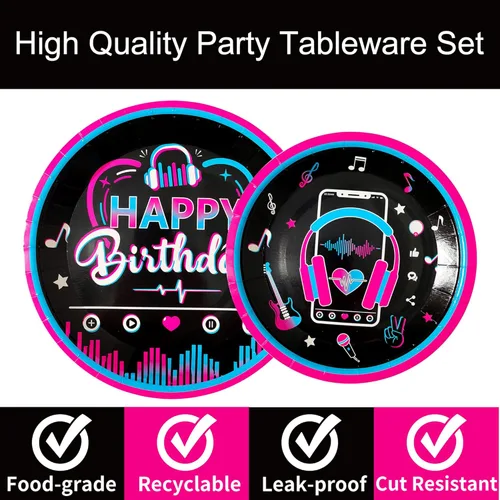 Miniatura 4 de 96 piezas de suministros para fiesta musical con vajilla para niñas, juego de decoración temática musical para fiesta de cumpleaños, platos