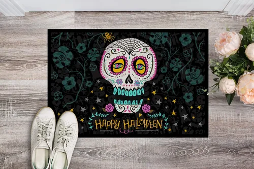 Miniatura 2 de Caroline's Treasures VHA3035MAT Felpudo con el Día de los Muertos con Feliz Halloween, 18 x 27 pulgadas, para interiores y exteriores, para entrada
