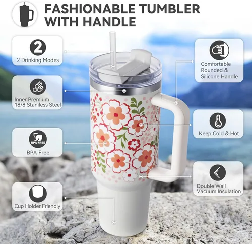 Miniatura 3 de Vaso de 40 oz con tapa y pajilla, vasos aislados con asa, botellas de agua de acero inoxidable, vaso para agua con tapa 2 en 1, taza de viaje al