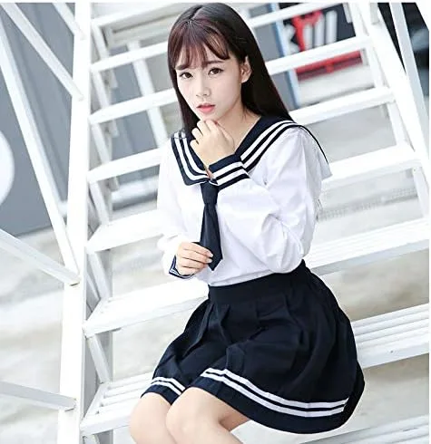 Miniatura 6 de Uniforme japonés para niñas escolares marineras, falda plisada azul marino, disfraz de anime con calcetines (SSF13), Azul, azul marino.