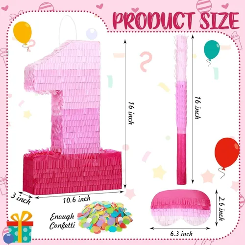 Miniatura 2 de Sratte Piñata con números de piñata rosa, decoraciones de cumpleaños, degradado con palo, confeti para niñas y niños, suministros de decoración