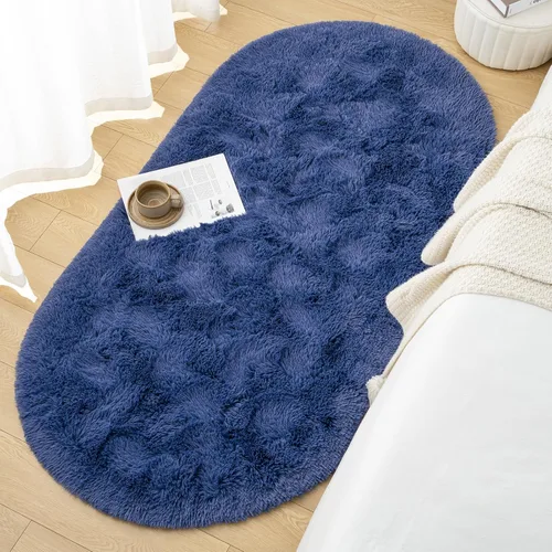 Miniatura 4 de Goideal Alfombra Esponjosa para Dormitorio, Alfombras de Área Ovaladas Pequeñas, Alfombra Shag de Cabecera Azul Marino Claro para Habitación
