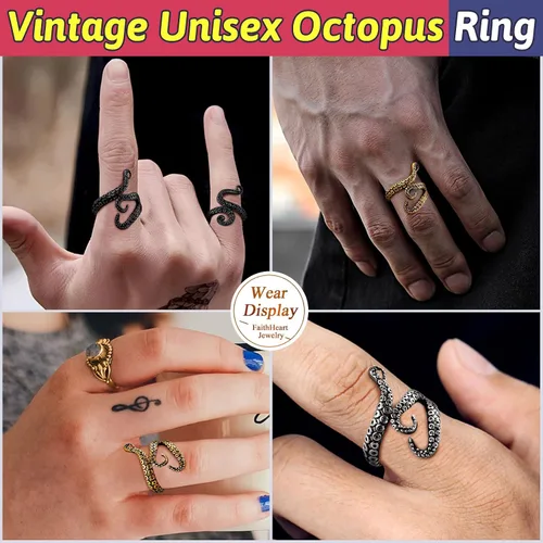 Miniatura 6 de FaithHeart Anillo de tentáculo de pulpo, unisex, de pez diablo, anillos punk, para hombres y mujeres, acero inoxidable, chapado en oro de 18