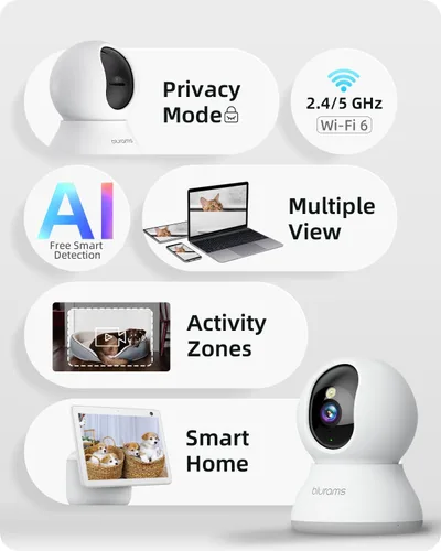 Miniatura 2 de blurams Cámaras 5G para seguridad en el hogar, cámara 2K para mascotas con aplicación de teléfono, cámara interior PTZ de 360° con WiFi de doble