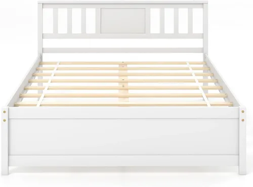 Miniatura 9 de Giantex Marco de cama de plataforma de madera maciza de tamaño matrimonial, marco de cama matrimonial de mediados de siglo con cabecero, soporte