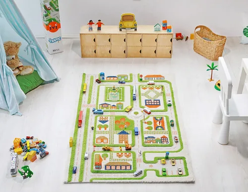 Miniatura 10 de IVI Alfombra de juego gruesa 3D para niños con diseño de ciudad colorida con campo de fútbol, estacionamiento y carreteras, azul, 32 x 45 pulgadas
