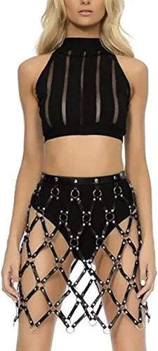 Miniatura 3 de CYWYX Disfraces del partido arnés del cuerpo ajustable ahueca hacia fuera cuero de la PU tejidas faldas de moda, Pg01., talla única