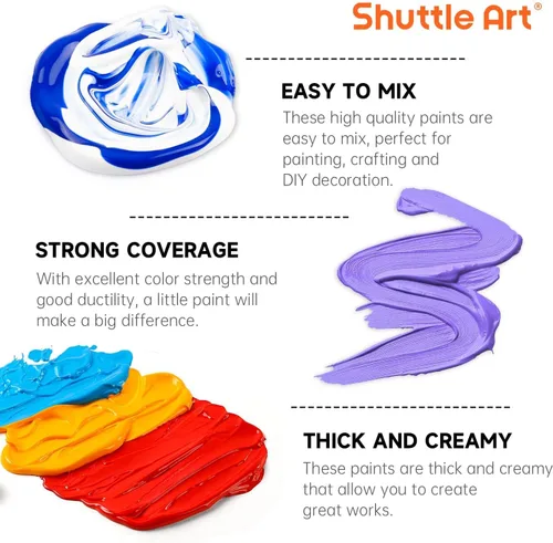 Miniatura 5 de 54 Colores Pintura Acrílica, Juego de Pintura Acrílica Shuttle Art con 12 Pinceles, Botellas de 2 oz/60 ml, Pinturas Ricas en Pigmentos, Resistente