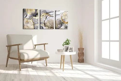 Miniatura 4 de Arte abstracto dorado para pared, 3 piezas, arte moderno enmarcado en blanco y negro, gris, oro, tinta fluida, anillos anuales, imágenes, lienzo