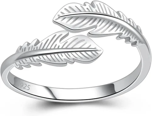 Anillo de plumas inspirador, joyería de plata de ley 925 con hojas ajustables y delicadas, anillos abiertos para mujeres, adolescentes y niñas,