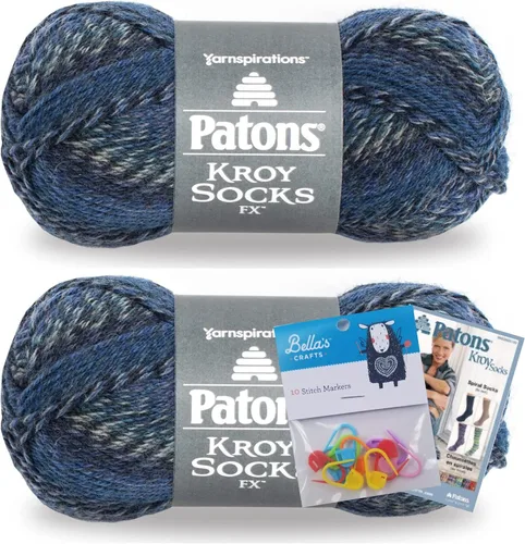 Patons Kroy Socks FX - Paquete de 2 hilos con marcadores de puntada Bella's Crafts (colores cadete)