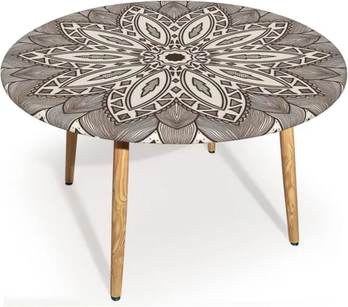 Miniatura 12 de Mantel redondo de mandala marrón, cocina, comedor o exterior, impermeable y lavable, mantel redondo con bordes elásticos, marrón castaño beige, se