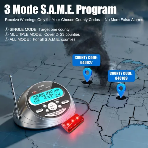 Miniatura 3 de NOAA Weather Radio-S.A.M.E. Programación localizada, radio de alerta meteorológica con más de 80 alertas de emergencia, reloj despertador, radio