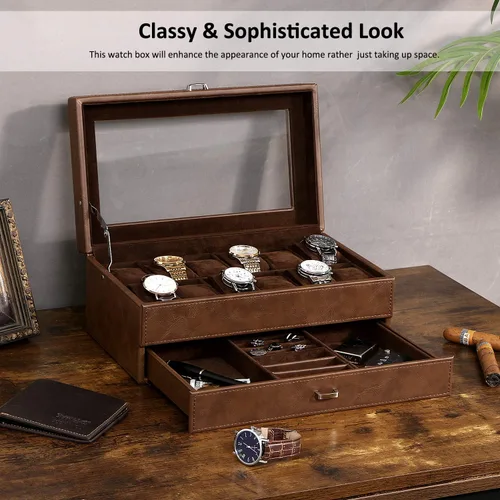 Miniatura 2 de BEWISHOME Caja de reloj para hombre organizador de relojes de lujo de piel sintética con cajón de joyería parte superior de cristal real bisagra