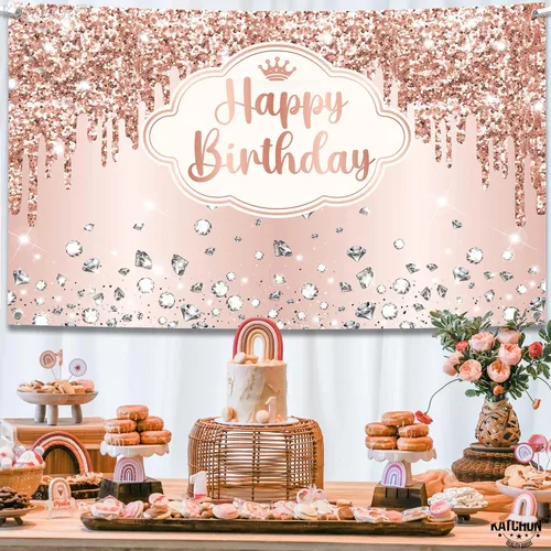 Miniatura 4 de KatchOn, Cartel extragrande de feliz cumpleaños de oro rosa, 72 x 44 pulgadas, decoraciones de cumpleaños para mujeres y niñas, pancarta de fondo