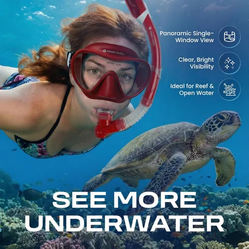 Miniatura 8 de Hawaii Divers Deep Sea Adult - Snorkeling Set, Tempered Glass Snorkel Mask, Dry-Top Snorkel Gear, Adjustable Fins Rojo