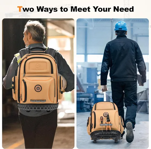 Miniatura 7 de Mochila de herramientas con rueda, mochila de herramientas rodantes para electricista, bolsa de herramientas con ruedas para trabajos de Marrón