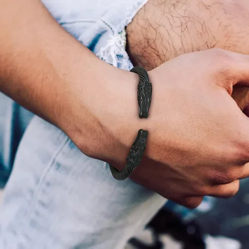 Miniatura 3 de Bestyle Brazalete vikingo de acero inoxidable pesado para hombres y niños, pulsera ajustable abierta de cuervoloboruna, vintage, retro, joyería