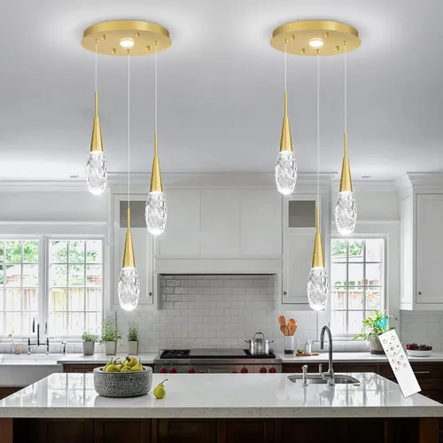 Miniatura 5 de 3 luces LED colgantes para isla de cocina, lámpara regulable dorada, moderna iluminación colgante de cristal para comedor, dormitorio, sala