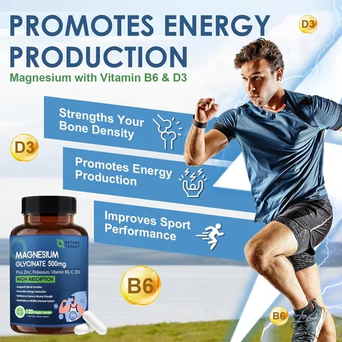 Miniatura 6 de NATURE TARGET Glicinato de Magnesio 500mg, Magnesio Quelado con Zinc y Vitamina D3 para Músculos, Nervios y Huesos, Apoya la Salud del Corazón