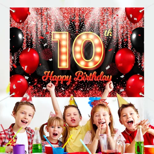 Miniatura 3 de Telón de Fondo Banner de Feliz 10º Cumpleaños Tema Negro y Rojo con Fondo de Neón Brillante y Moda para Fiesta de Cumpleaños Fotografía Accesorio
