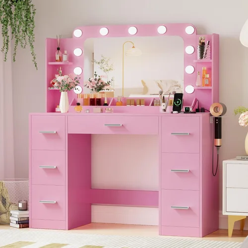 Miniatura 11 de JUMMICO Escritorio de tocador de maquillaje con espejo grande y luces, tocador con regleta de enchufes y soporte para secador de pelo, 6 estantes