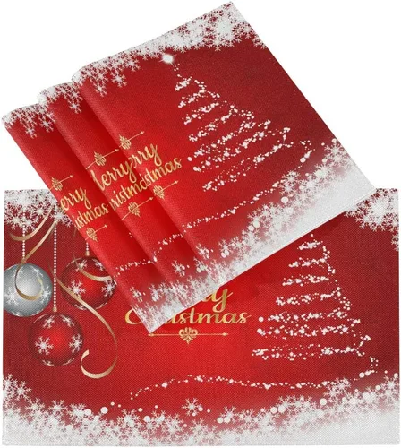 Miniatura 8 de Juego de 4 manteles individuales con diseño de árbol de Navidad, diseño de árbol de Navidad, resistentes al calor, manteles individuales lavables