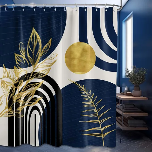 Cortina de ducha moderna de mediados de siglo, color azul marino, estilo bohemio, azul oscuro y hojas doradas, juego de decoración de baño para