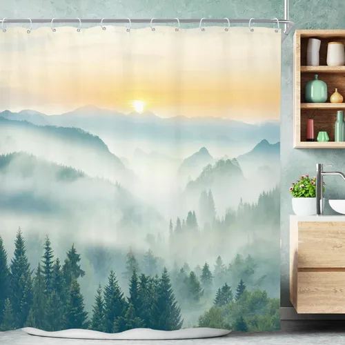 Miniatura 35 de Riyidecor - Cortina de ducha para baño pequeño de montaña, 36 pulgadas de ancho x 72 pulgadas de alto, verde, para RV, temática rústica, naturaleza