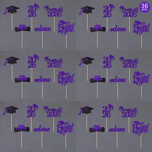 Miniatura 3 de 36 adornos para cupcakes de graduación de clase 2026, con purpurina azul de doble cara para suministros de fiesta de graduación, decoraciones