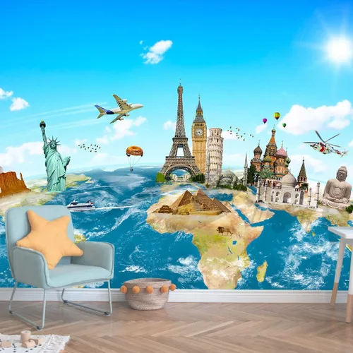 Bormia Mural - Papel tapiz con mapa de viaje en globo, famoso lugar de interés en todo el mundo, mural de pared para sala de estar y dormitorio (no