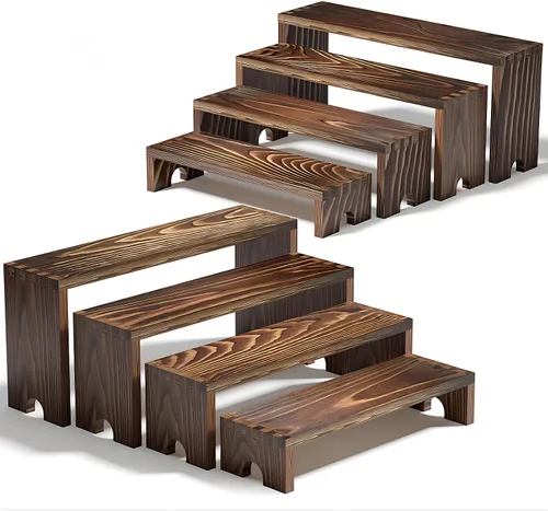 Miniatura 11 de Juego de 2 soportes elevadores escalonados grandes de madera negra para eventos de proveedores, soporte apilable de madera para cupcakes, juego