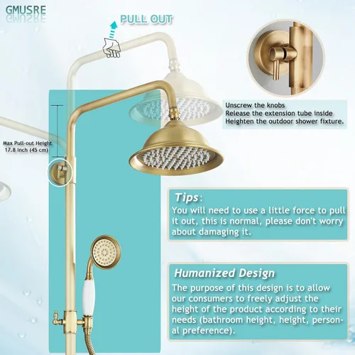Miniatura 5 de Sistema de ducha de latón antiguo, accesorios de ducha para exteriores con cabezal de ducha de lluvia de 8 pulgadas y asas cruzadas dobles para baño