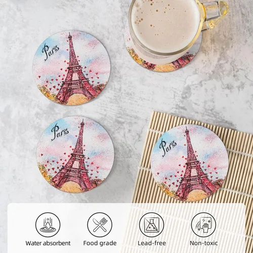 Miniatura 4 de París - Juego de 4 posavasos para bebidas, 4 pulgadas, acuarelas, estilo torre Eiffel, absorbentes de cerámica de diatomita, para mesa de centro