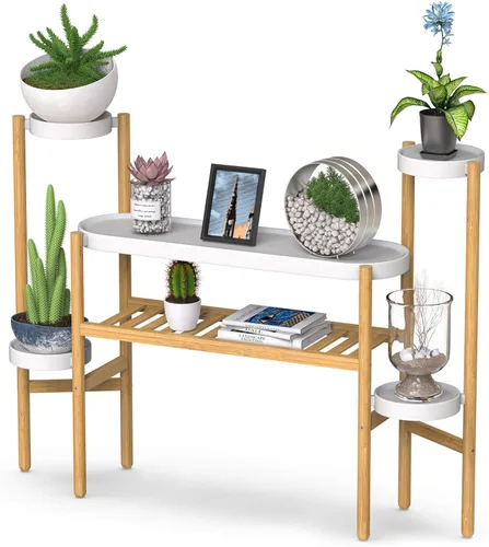Miniatura 11 de Estantería de bambú Wisuce para interiores, mesa de 2 niveles de altura para ventana, soporte para múltiples plantas..