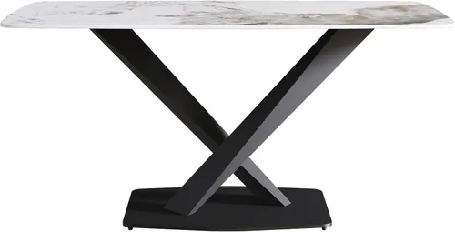 Miniatura 7 de Mesa de comedor moderna, mesa de comedor de piedra sinterizada blanca antigua con base de acero al carbono sólido en forma de X, mesa de comedor