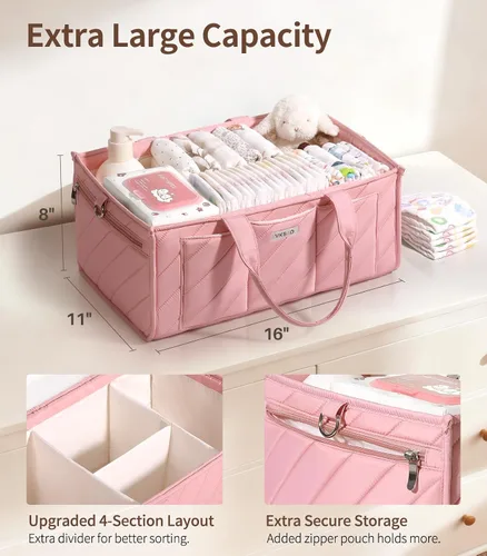 Miniatura 2 de Organizador de pañales extra grande – Cesta de almacenamiento grande para guardería con bolsillo con cremallera, correa para el hombro y ganchos