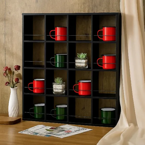Kigley Estante de exhibición de taza de café de gran tamaño con 16 ranuras de madera para montar en la pared, caja de sombras Curio, estante para
